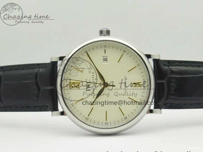MIROTIME 0523 Affordable Portofino IW356501 SS V3 MK 1:1 Best Edition White Dial Gold Markers On Black Leather Strap MIYOTA 7196